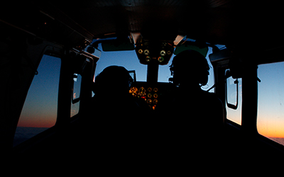 Night flight in cockpit